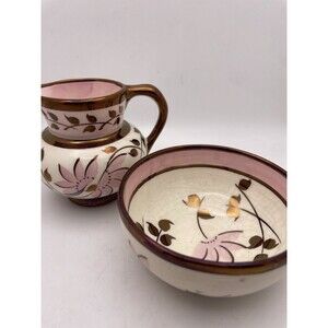 Staffordshire U.K. Pink Copper Luster Small Pitcher Bowl Old Castle Early 1900's